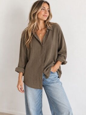 Little Moon Aritzia Top Womens XL Green Button Up Gauzy 100% Cotton Luxury Soft